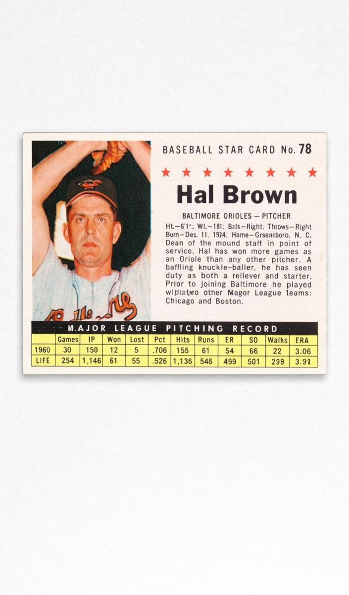 1961 Post Cereal Baseball Hand Cut Hal Brown #78 PSA 6