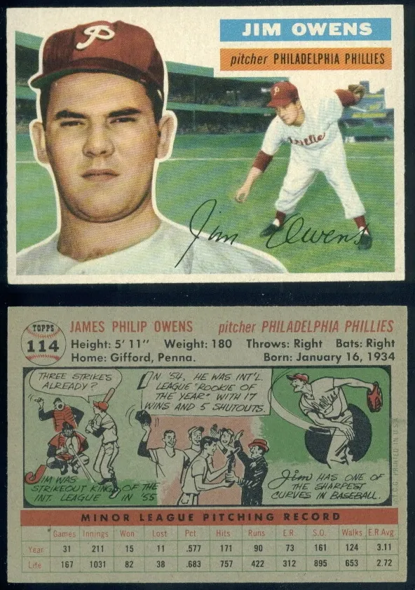 1956 Topps Baseball Gray Back Jim Owens #114 PSA 6.5