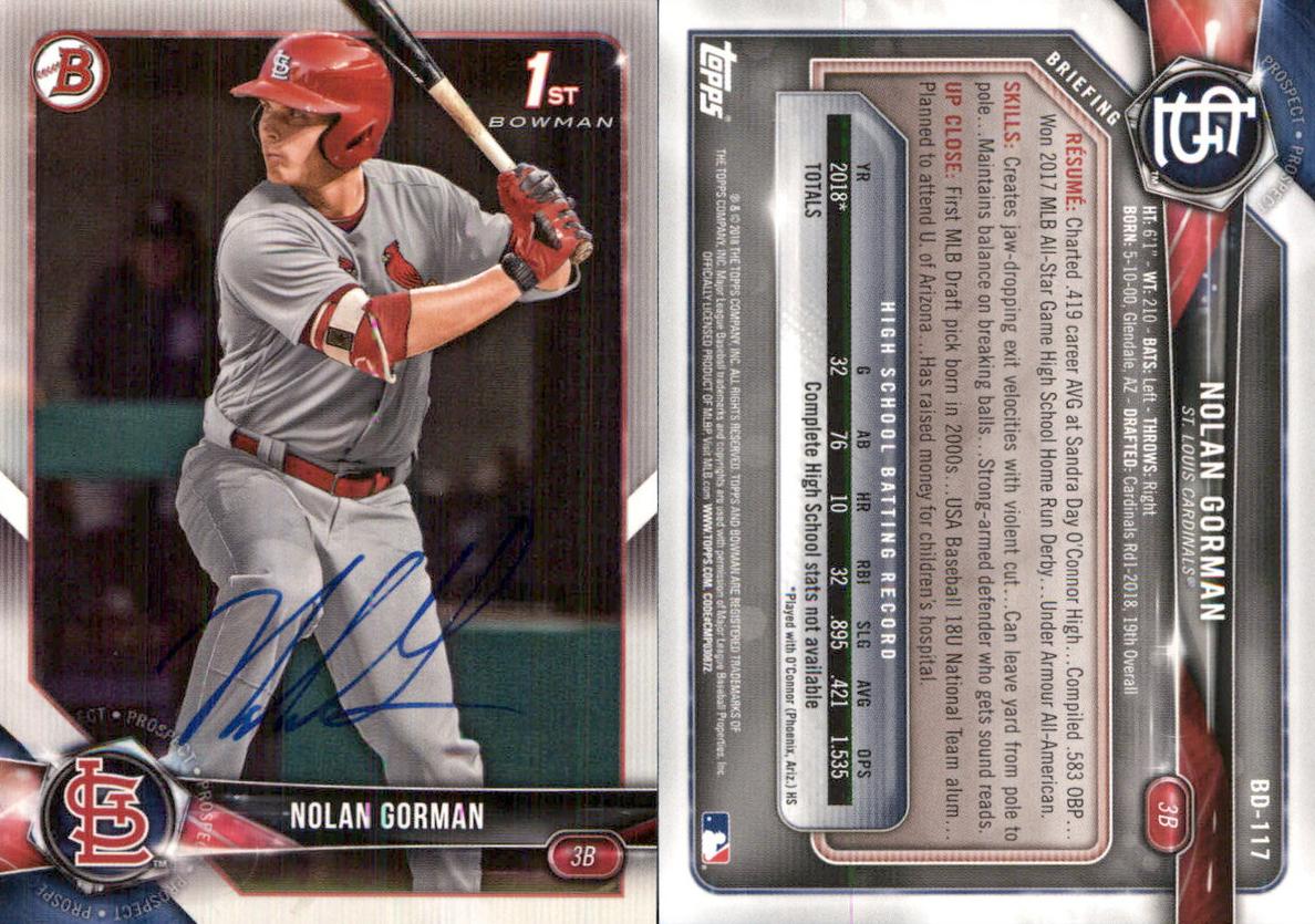 2018 Bowman Draft Baseball Nolan Gorman #CDA-NG PSA 9