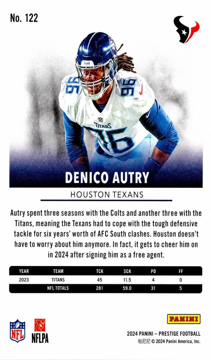 2024 Panini Prestige Football Blue Xtra Points Denico Autry #122 PSA 8
