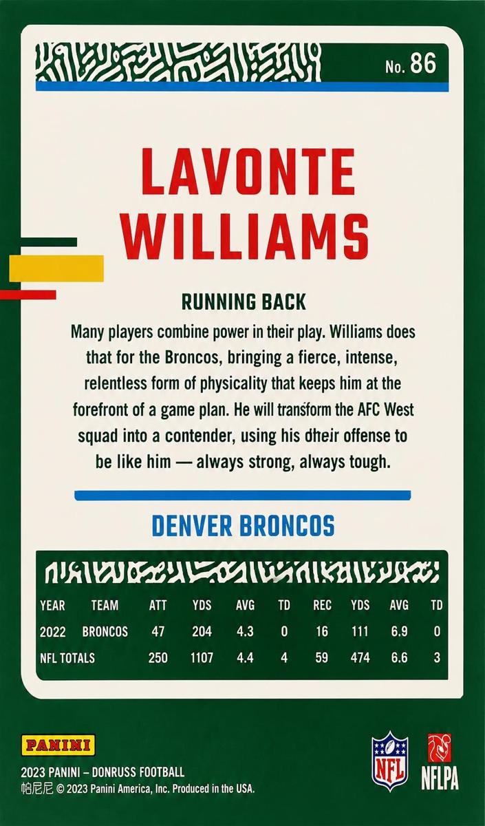 2023 Panini Donruss Football Aqueous Test Javonte Williams #86