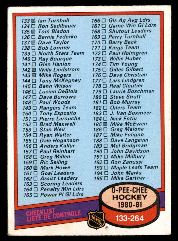1980 O-Pee-Chee Hockey Checklist 133-264 #257