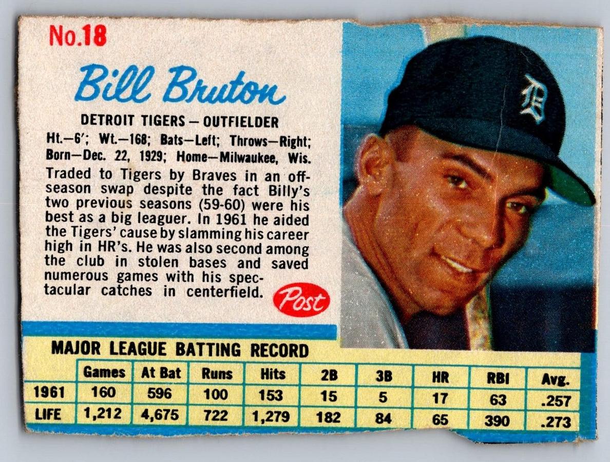 1962 Post Cereal Baseball Bill Bruton #18 PSA 6
