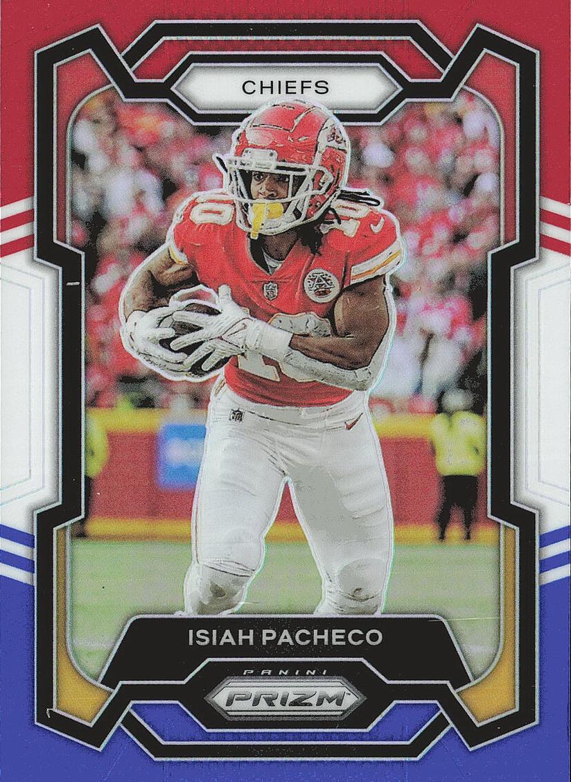 2023 Panini Prizm Football Red White Blue Isiah Pacheco #144 PSA 10
