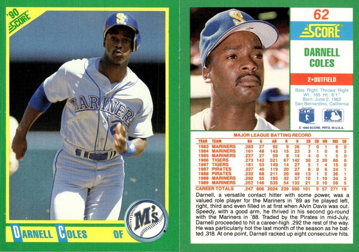 1990 Score Baseball Darnell Coles #62