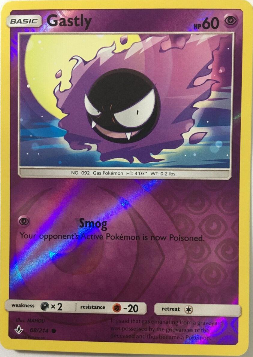 2019 Pokemon Sun & Moon Unbroken Bonds Reverse Holo Gastly #68