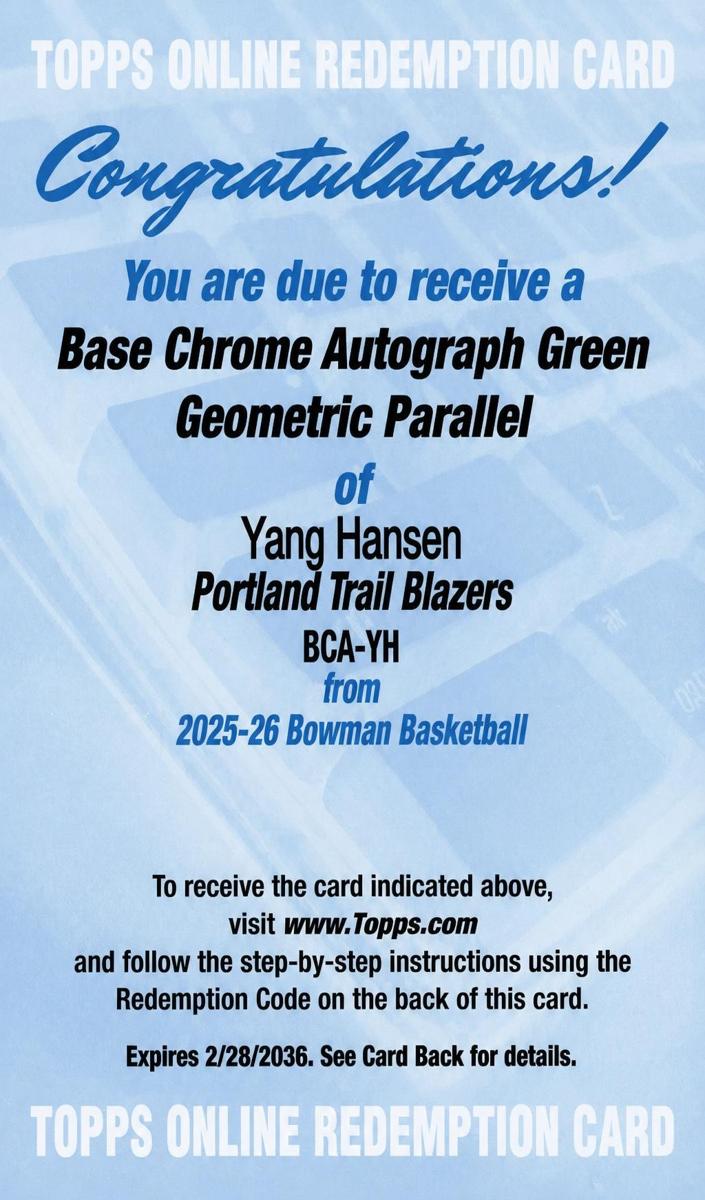 2025 Topps NBA Hoops Basketball Yang Hansen #HFS-YH