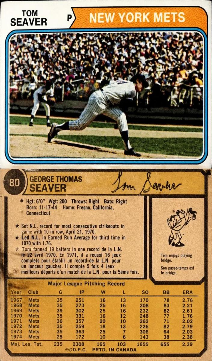 1974 O-Pee-Chee Baseball Tom Seaver #80
