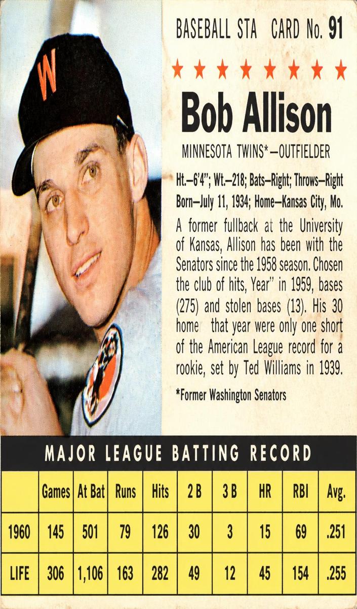 1961 Post Cereal Baseball Perforated Bob Allison #91 PSA 4