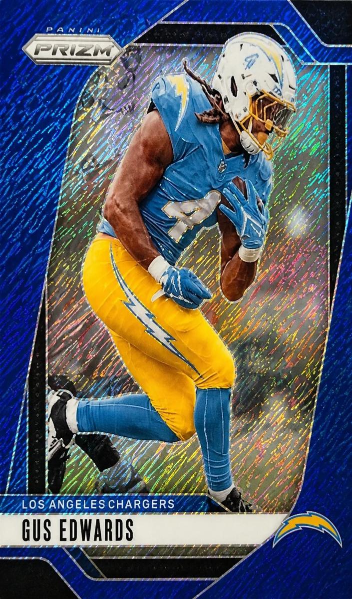 2024 Panini Prizm Football Blue Shimmer Gus Edwards #158
