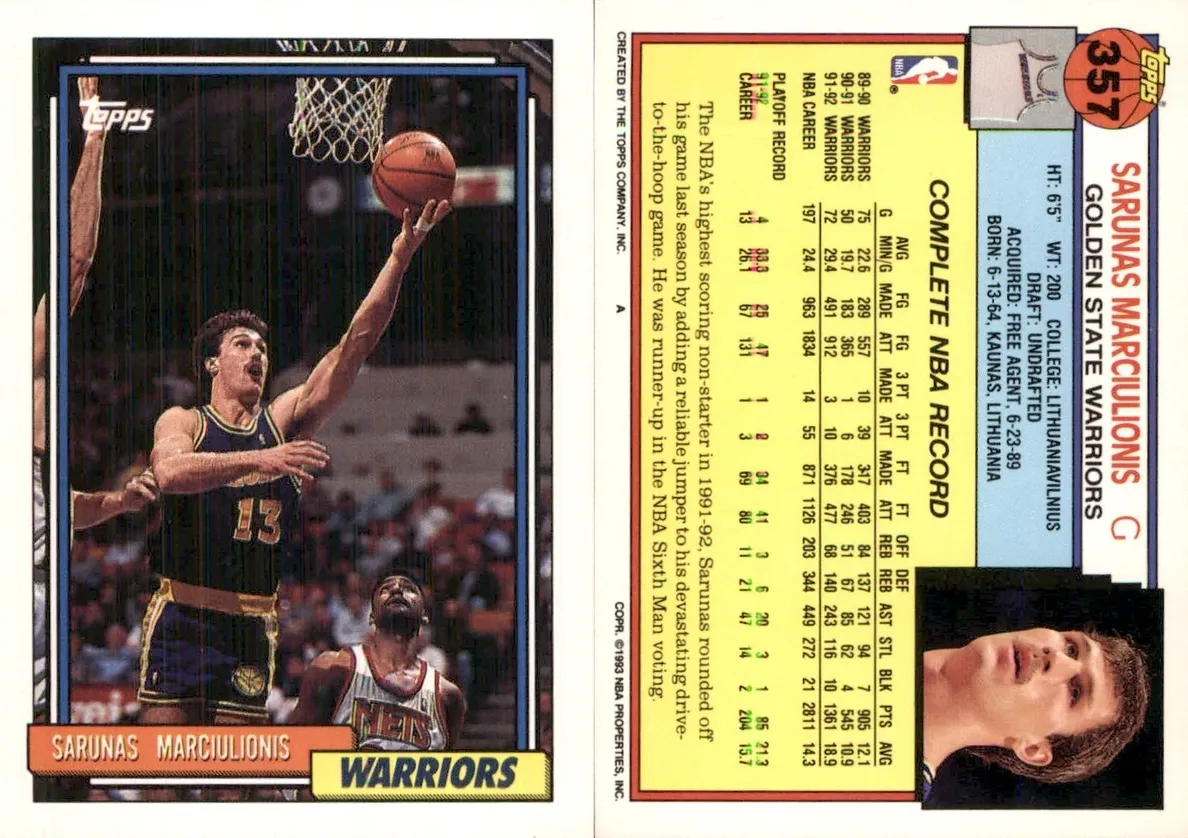 1992 Topps Basketball Sarunas Marciulionis #357 PSA 9