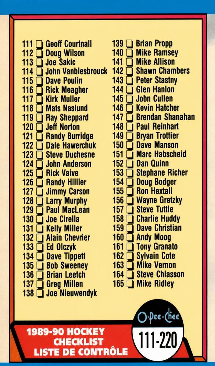 1989 O-Pee-Chee Hockey Checklist 111-220 #198