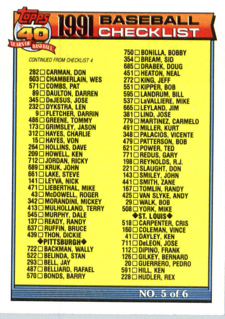 1991 Topps Baseball Checklist 5 #656 PSA 10