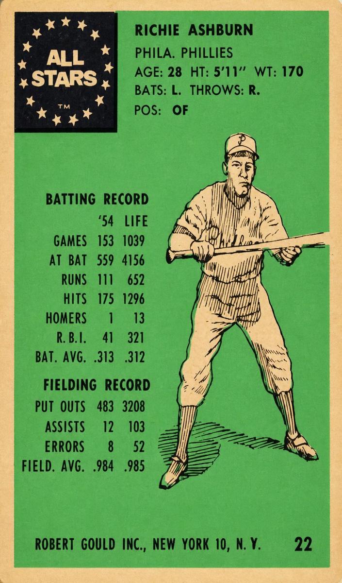 1955 Robert Gould All-Stars Baseball Richie Ashburn #22