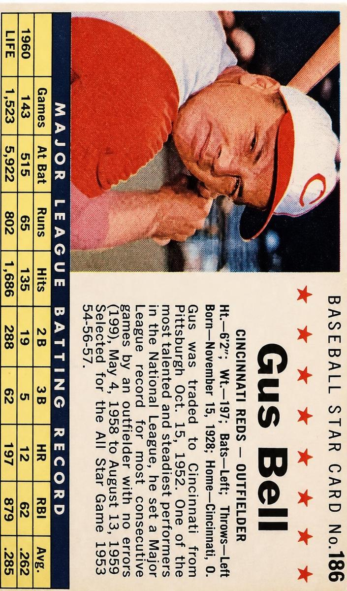 1961 Post Cereal Baseball Perforated Gus Bell #186 PSA 3