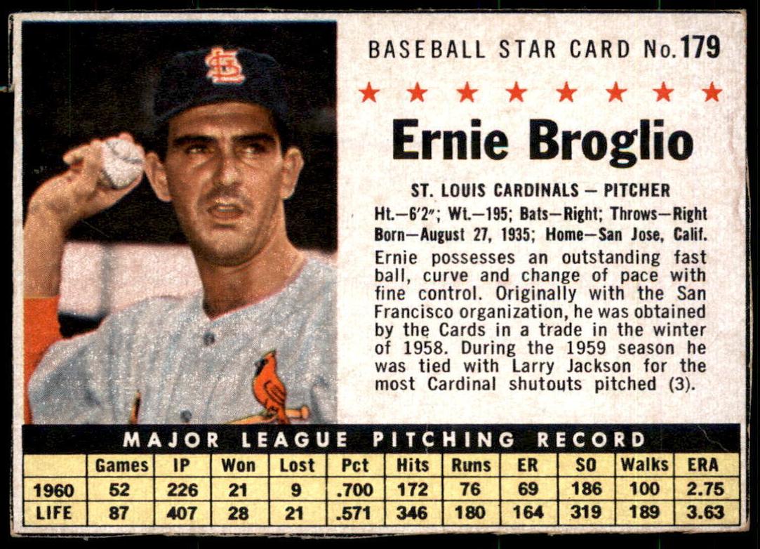 1961 Post Cereal Baseball Ernie Broglio #179 PSA 6