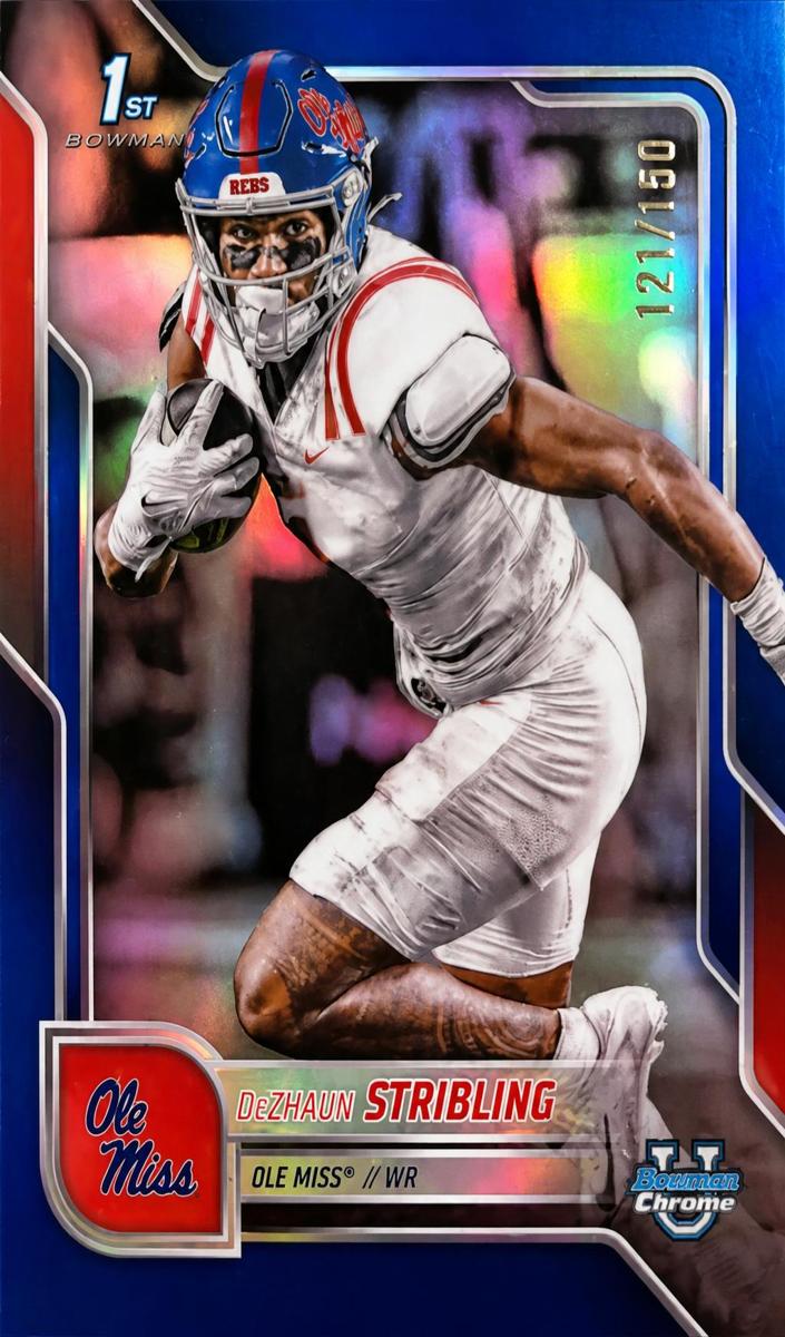 2025 Bowman Chrome University Football Blue Refractor De'Zhaun Stribling #182