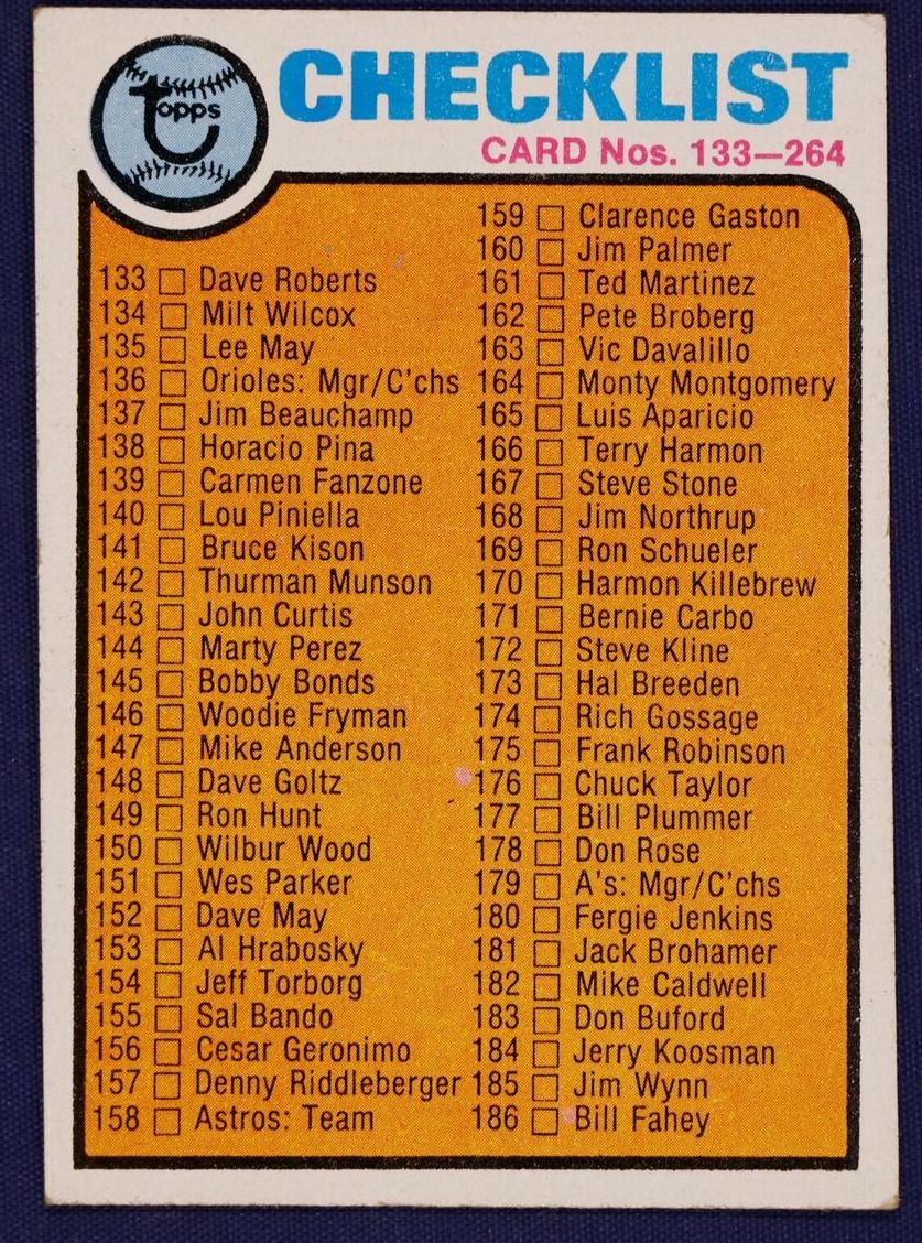 1973 Topps Baseball Checklist 133-264 #264 PSA 9