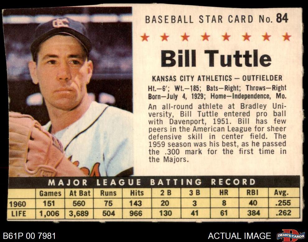 1961 Post Cereal Baseball Perforated Bill Tuttle #84 PSA 6