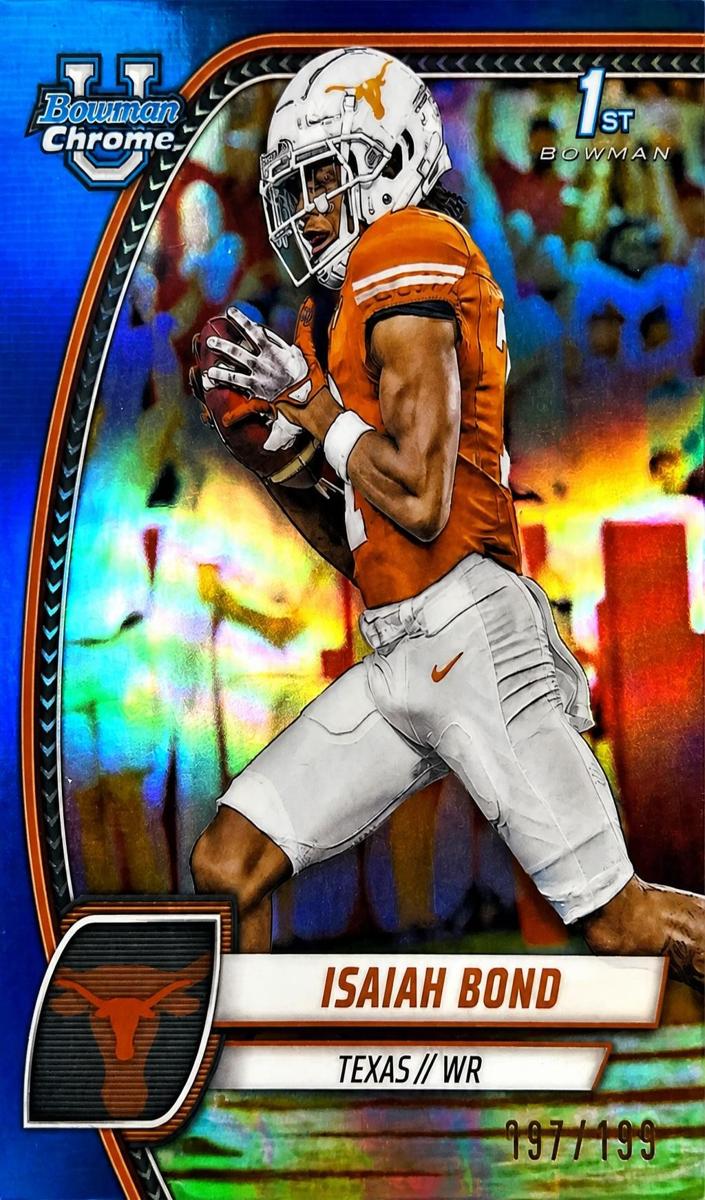 2024 Bowman Chrome University Football Blue Refractor Isaiah Bond #60