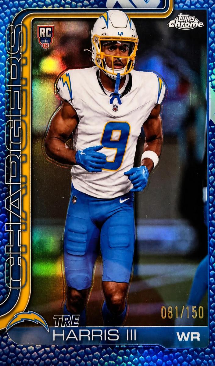 2025 Topps Chrome Football Football Leather Blue Refractor Tre Harris III #338