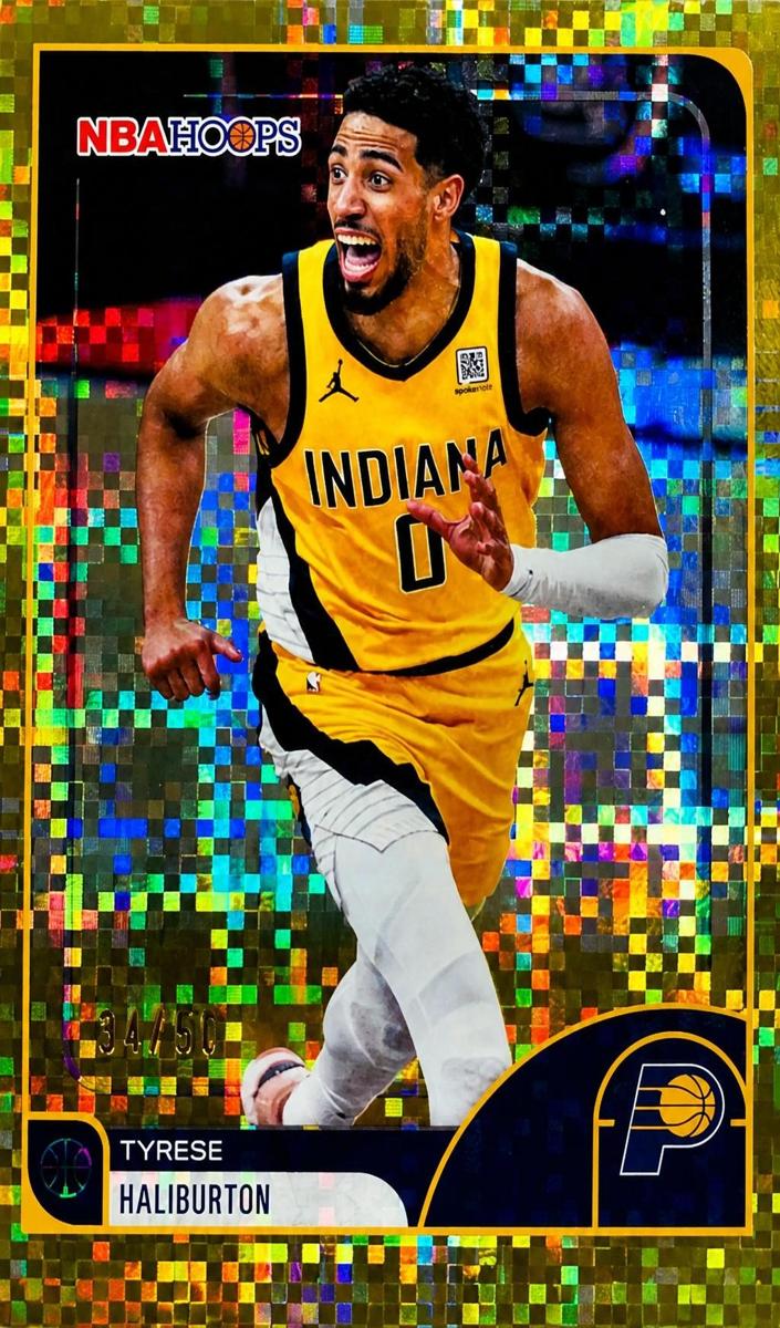 2025 Topps NBA Hoops Basketball Pixel Burst Gold Tyrese Haliburton #149