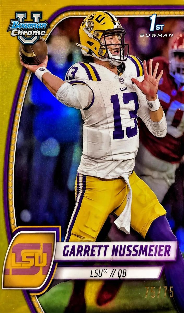 2024 Bowman Chrome University Football Yellow Refractor Garrett Nussmeier #5