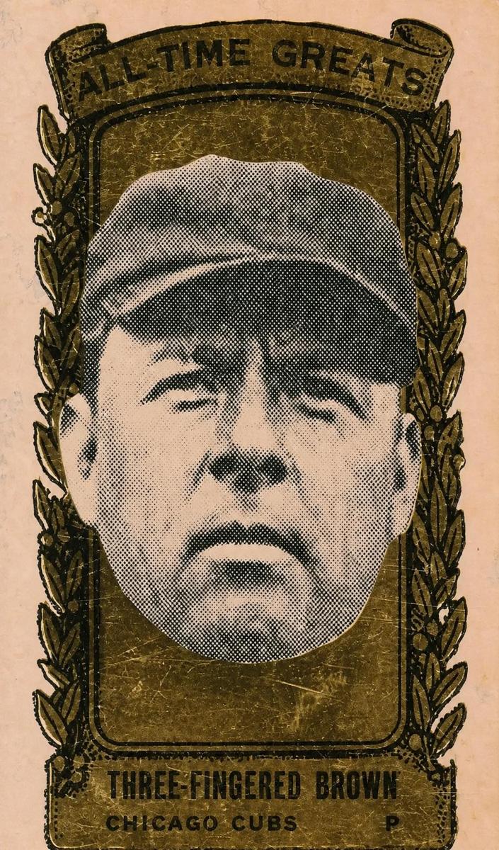 1963 Bazooka All-Time Greats Baseball Three-Finger Brown #13