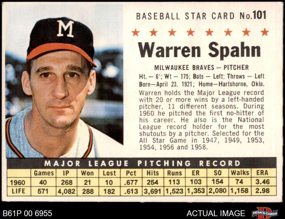 1961 Post Cereal Baseball Perforated Warren Spahn #101