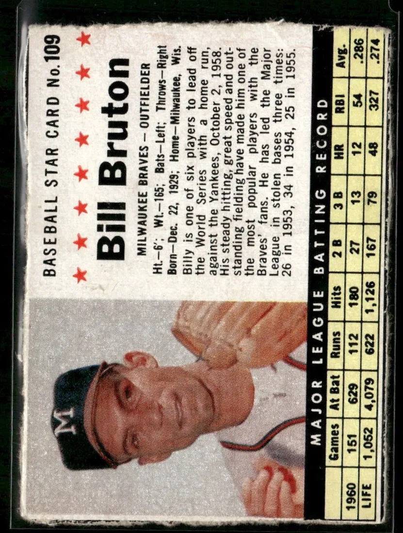 1961 Post Cereal Baseball Hand Cut Bill Bruton #109