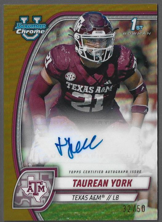 2024 Bowman Chrome University Football Gold Refractor Taurean York #168