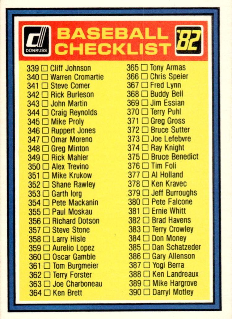 1982 Donruss Baseball Checklist 339-442 #NNO