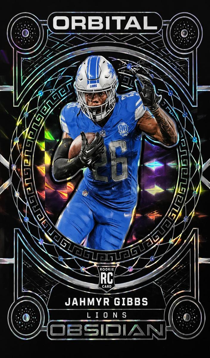 2023 Panini Obsidian Football Electric Etch Blue Finite Jahmyr Gibbs #7