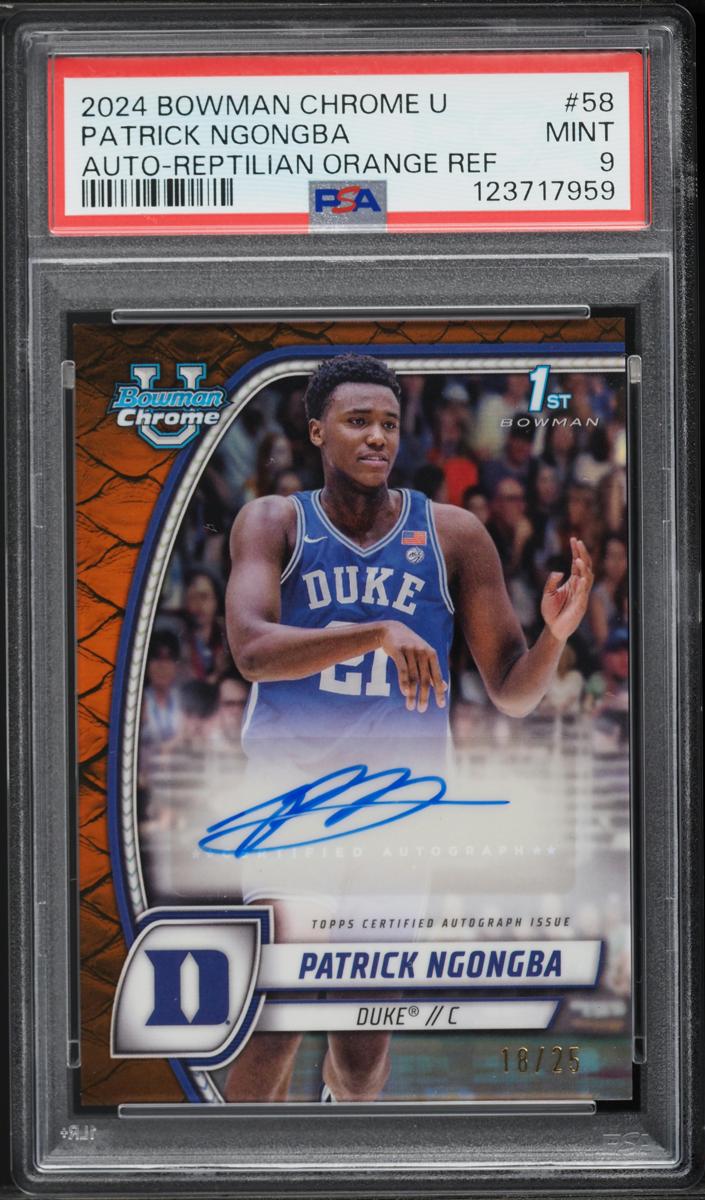 2024 Bowman Chrome University Basketball Reptilian Orange Refractor Patrick Ngongba #58 PSA 9