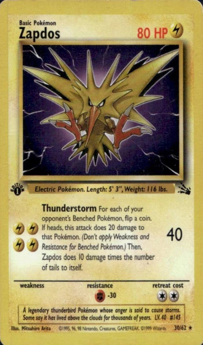 1999 Pokemon Fossil 1st Edition Zapdos #30
