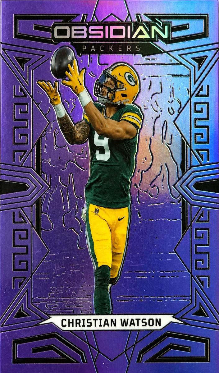 2023 Panini Obsidian Football Electric Etch Purple Flood FOTL Christian Watson #37