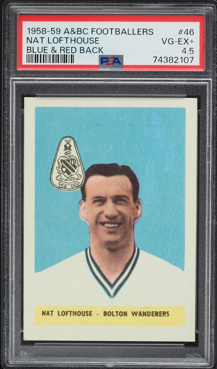 1958 A & BC Footballers Soccer Blue & Red Back Nat Lofthouse #46 PSA 4