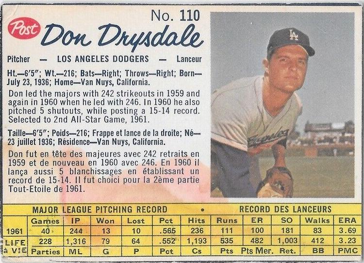 1962 Post Cereal Baseball Don Drysdale #110 PSA 3