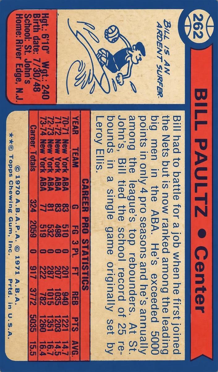 1974 Topps Basketball Billy Paultz #262 PSA 9