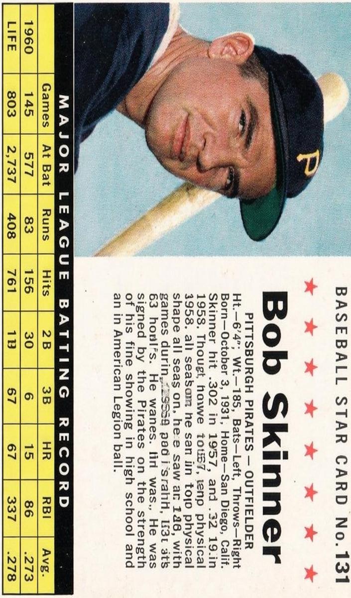 1961 Post Cereal Baseball Hand Cut Bob Skinner #131 PSA 7