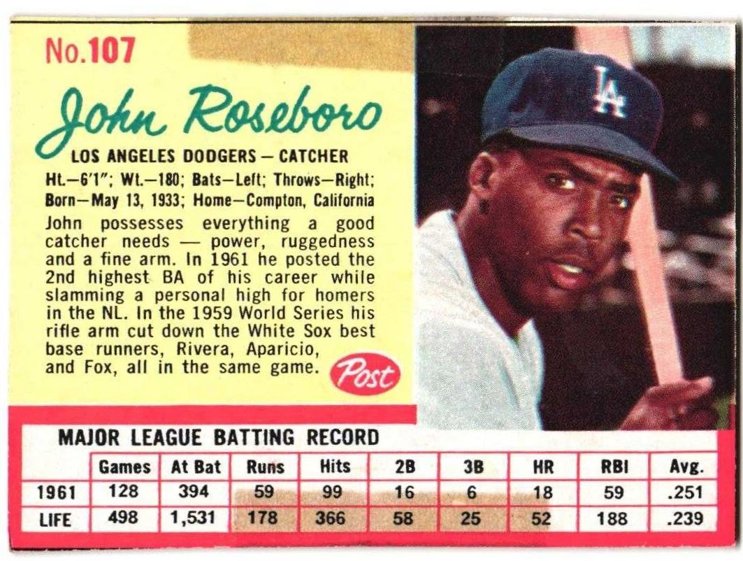1962 Post Cereal Baseball John Roseboro #107 PSA 6.5