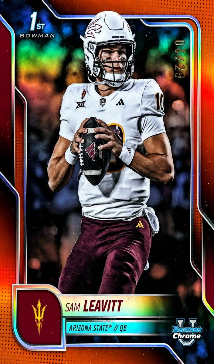 2025 Bowman Chrome University Football Orange Refractor Sam Leavitt #195 PSA 9