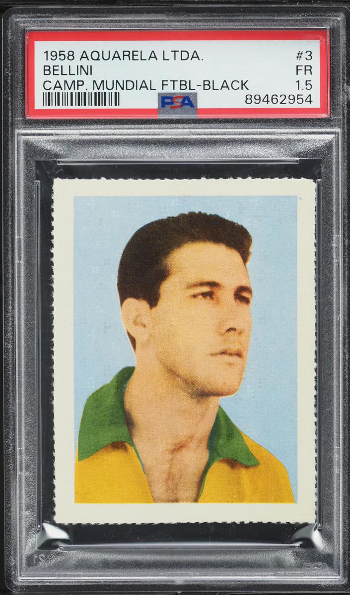 1958 Editora Aquarela LTDA Brasil Campeao Mundial de Futebol Soccer Black Number Perforated Bellini #3 PSA 1