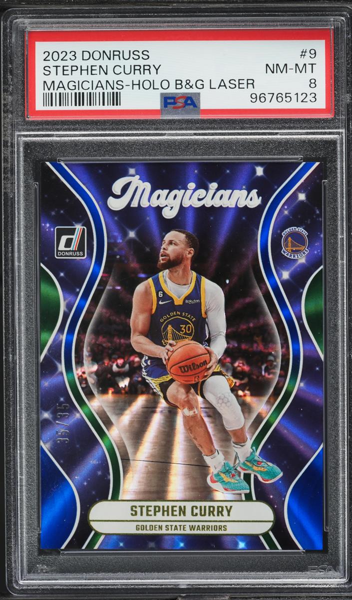 2023 Panini Donruss Basketball Holo Blue and Green Laser Stephen Curry #9 PSA 8