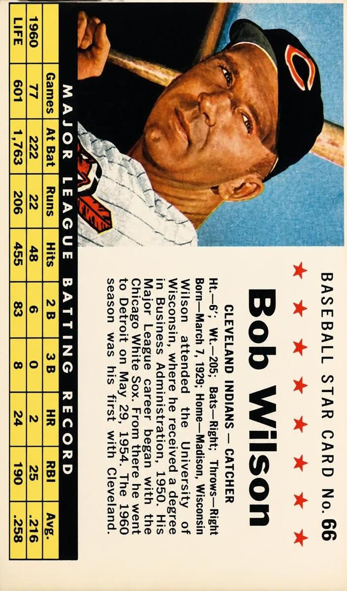 1961 Post Cereal Baseball Hand Cut Bob Wilson #66 PSA 5