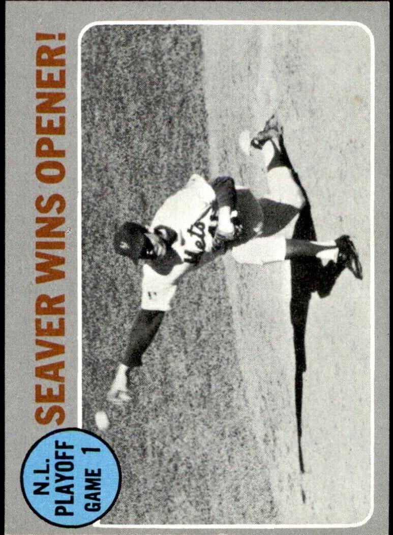 1970 Topps Baseball Seaver Wins Opener! N.L.C.S. Game 1 #195 PSA 8