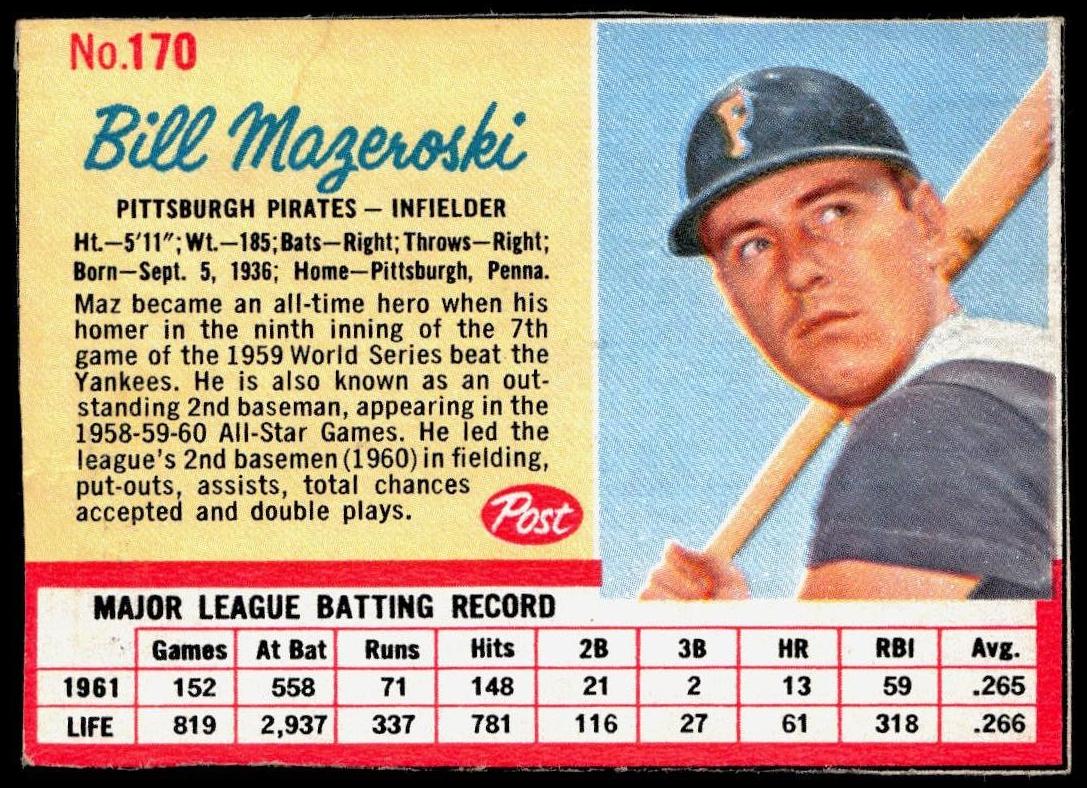 1962 Post Cereal Baseball Bill Mazeroski #170
