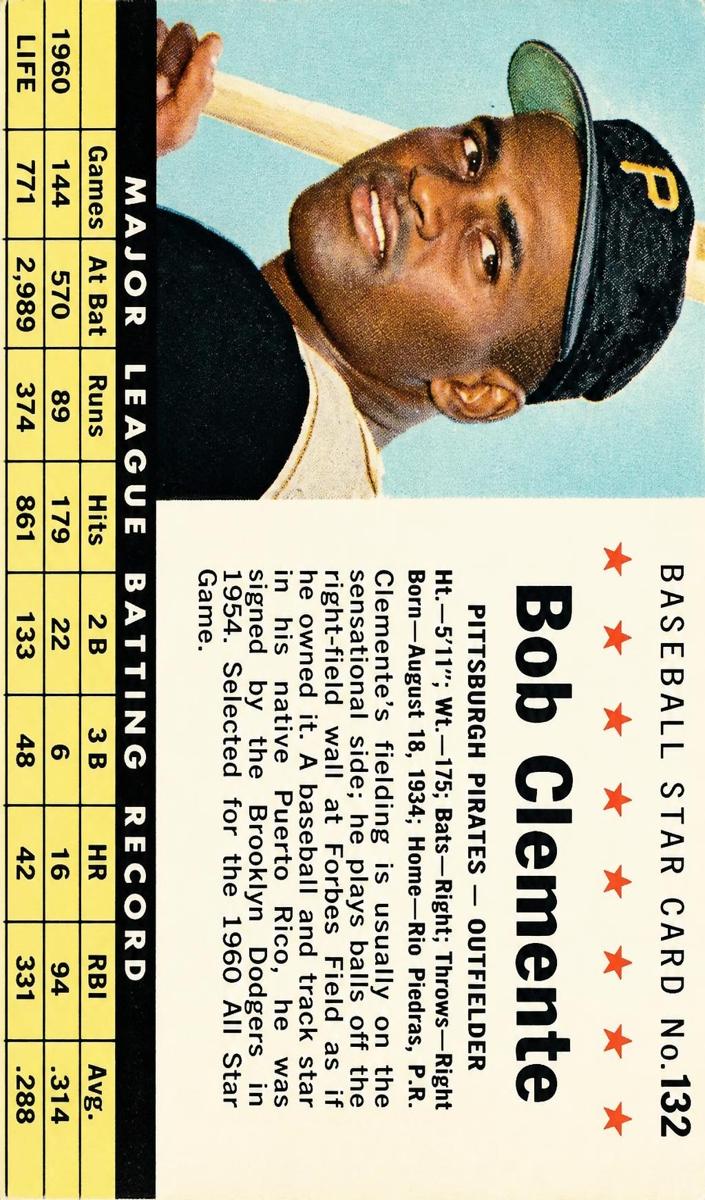 1961 Post Cereal Baseball Hand Cut Bob Clemente #132