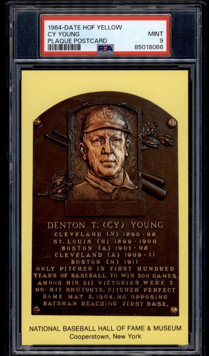 1964 Date HOF Yellow Plaque Postcard Baseball Cy Young #NNO PSA 9