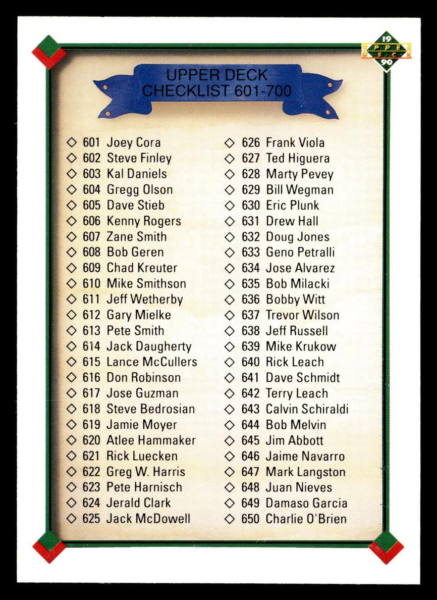 1990 Upper Deck Baseball Checklist 601-700 #700